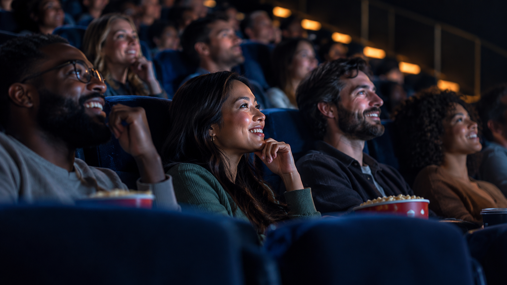 Moviegoers smiling as they watch a film in a theater