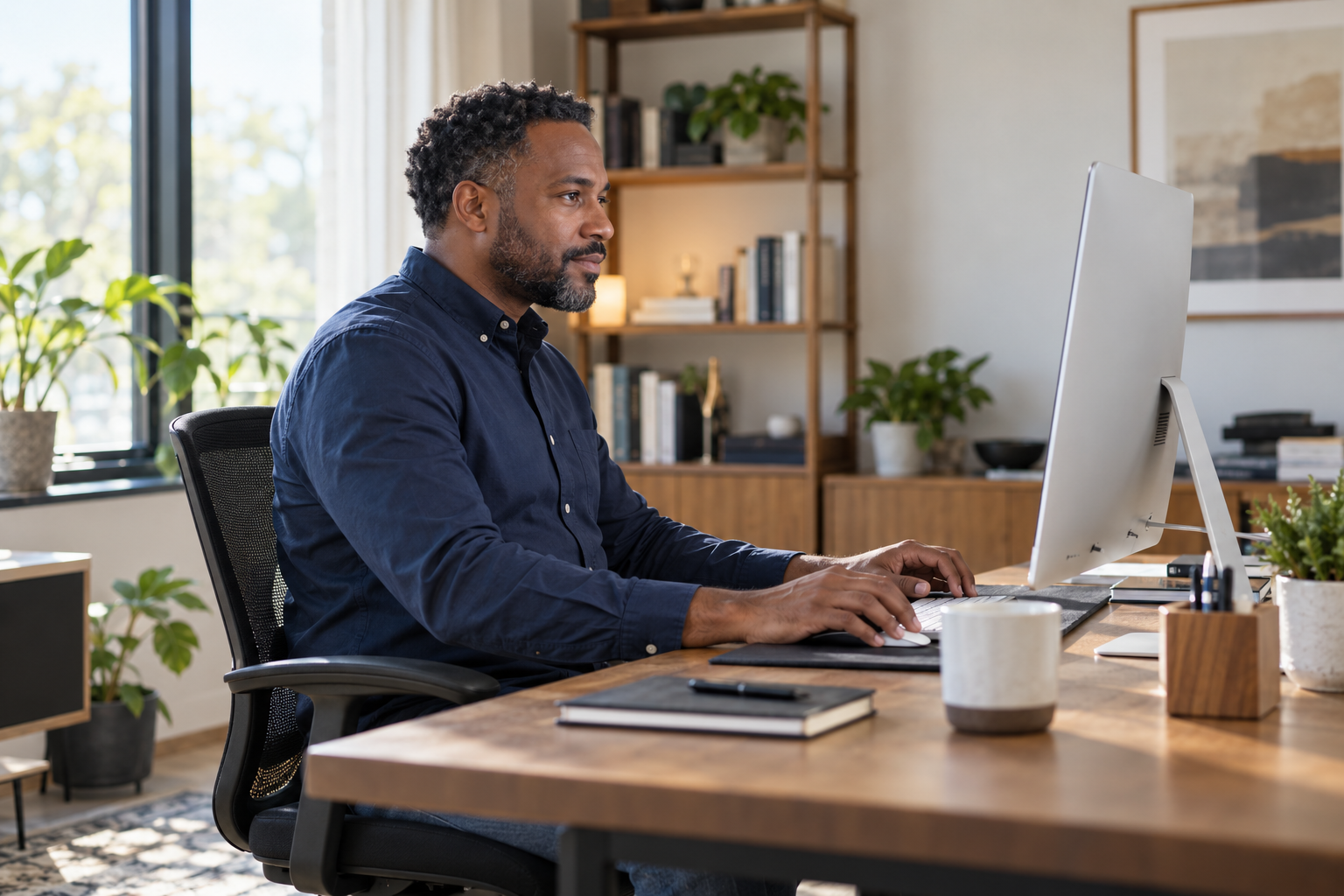 A business owner working on a computer at his desk