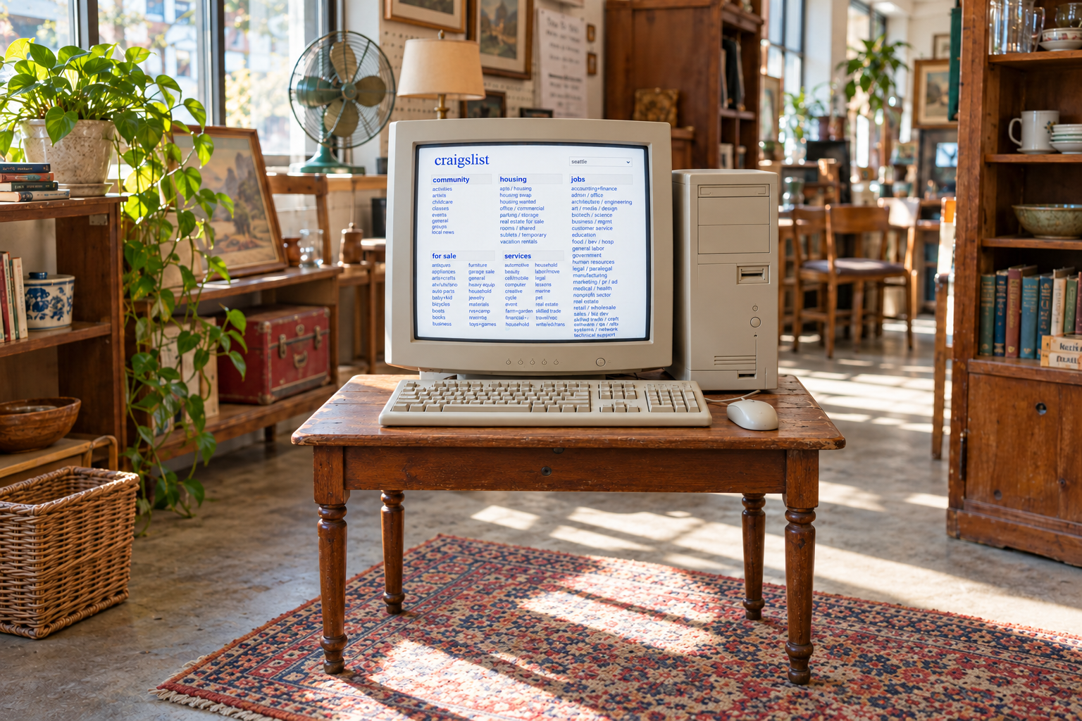 A vintage desktop computer displaying Craigslist in a shop