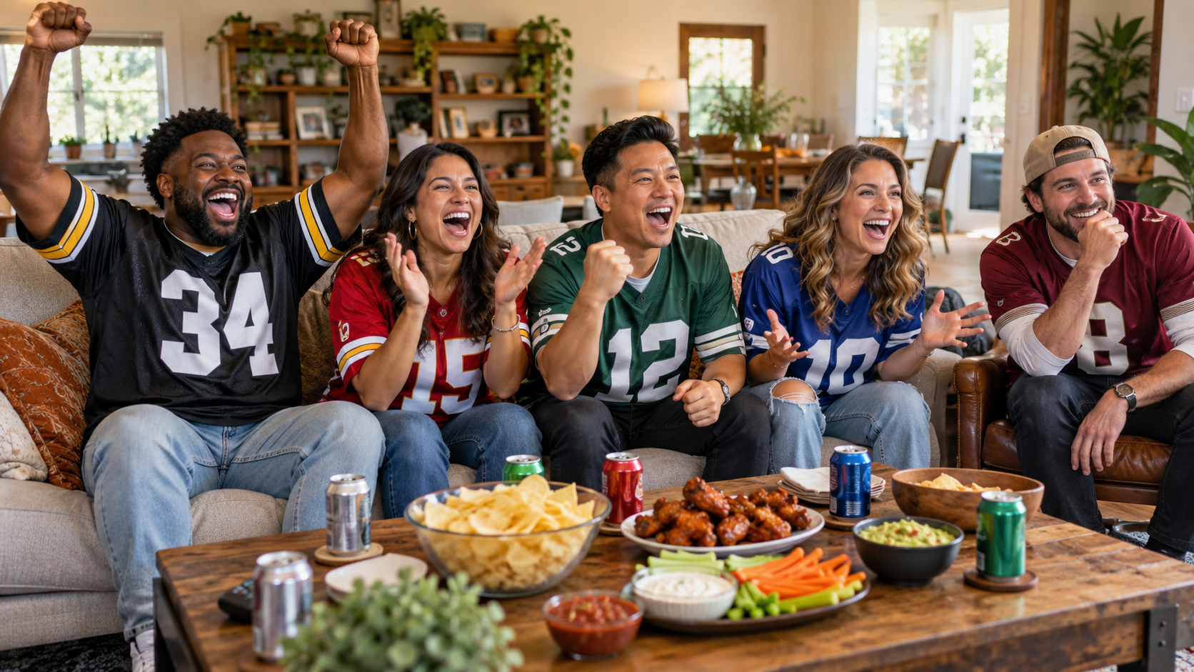 Friends in football jerseys cheering together around a table of game day snacks