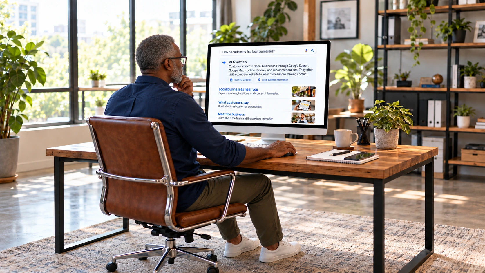 A business owner viewing an illustrative search page with an AI answer above website links