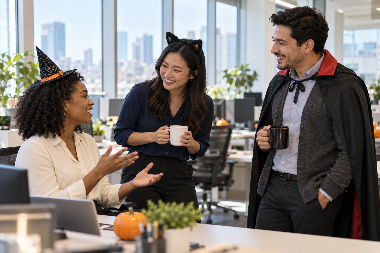 Coworkers wearing simple Halloween costumes in a bright office