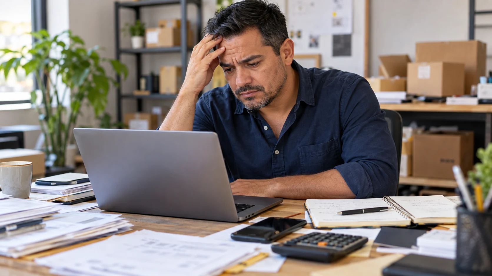 A busy business owner looking stressed while working at his laptop