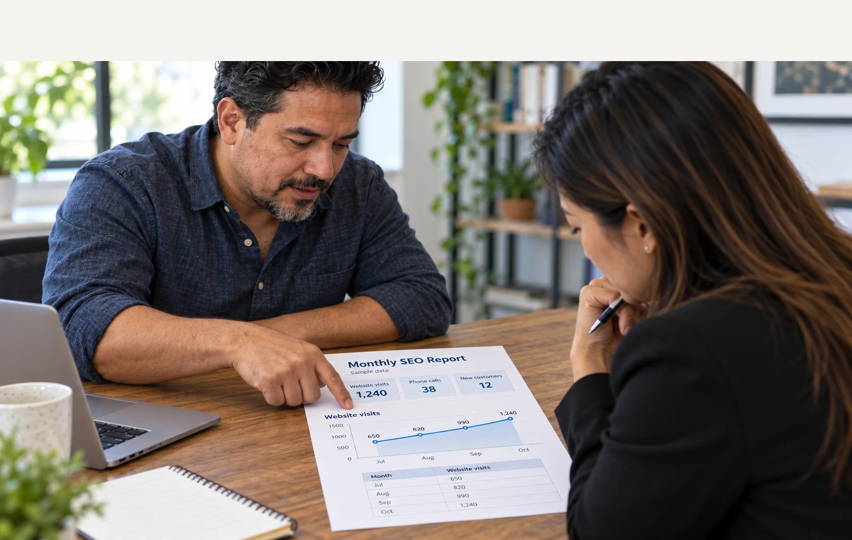 A business owner and consultant reviewing a labeled sample SEO report facing the woman at the table