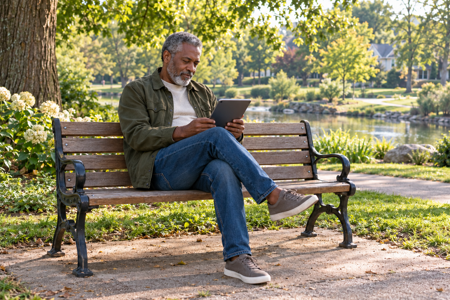 A man reading on a tablet while seated on a park bench