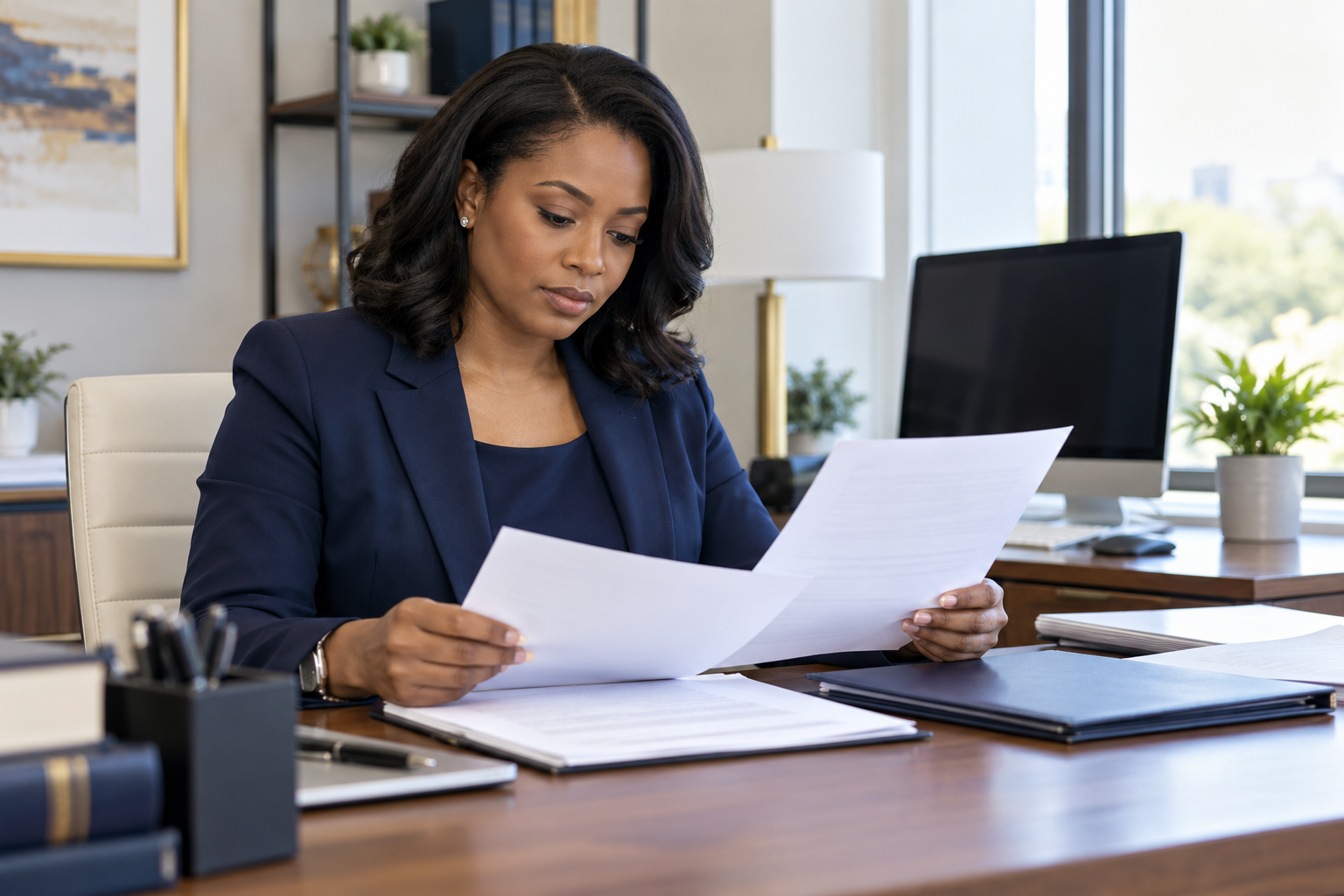 An attorney reviewing documents at her desk