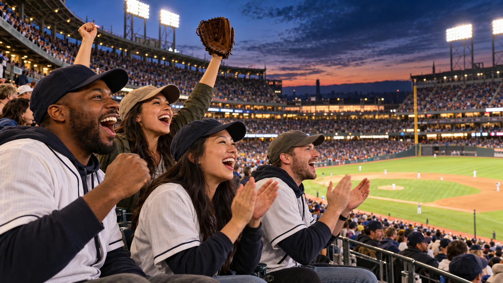 Baseball fans cheering from the stands with the illuminated field behind them at dusk