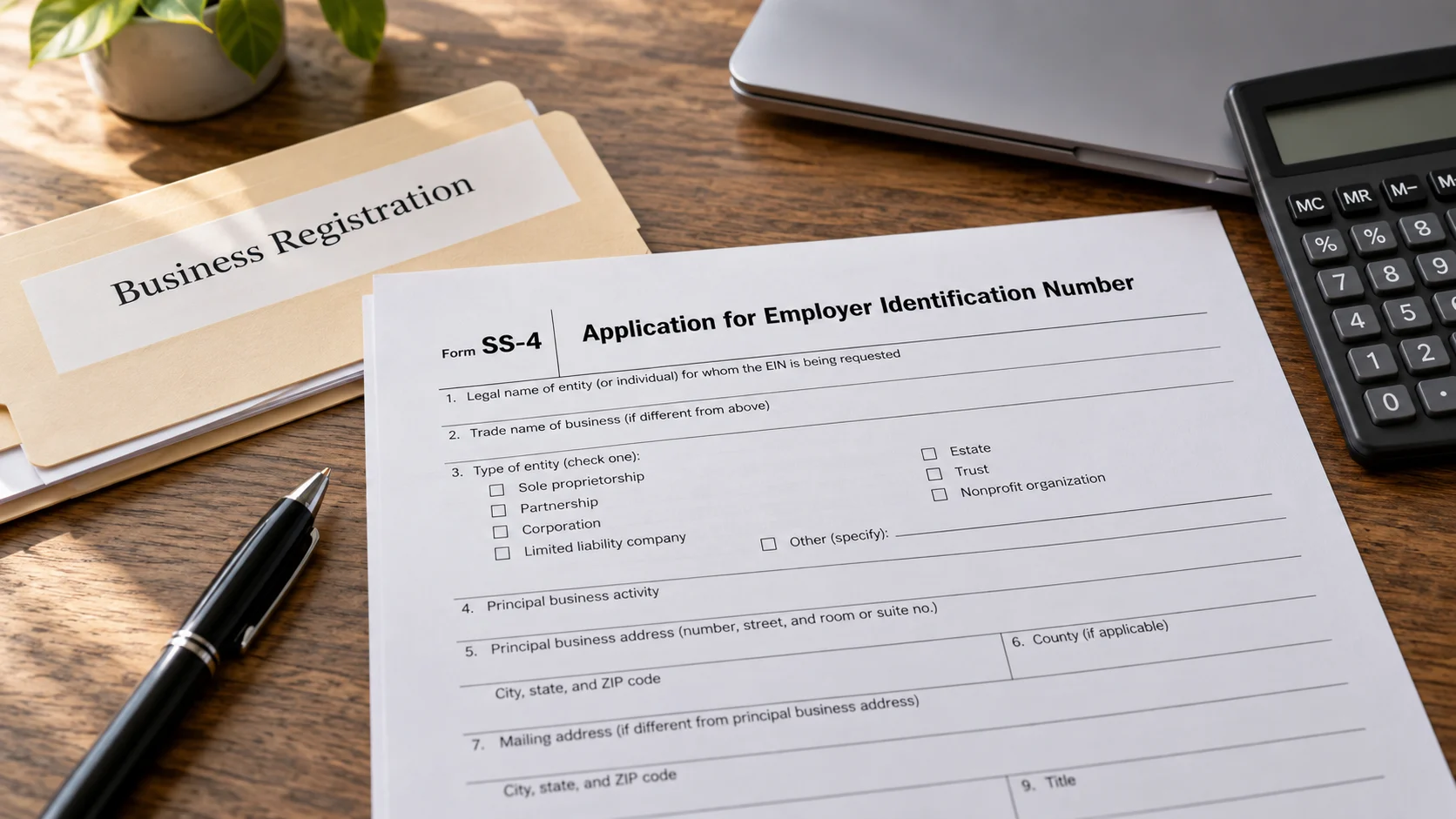 Illustrative EIN application paperwork beside a business registration folder