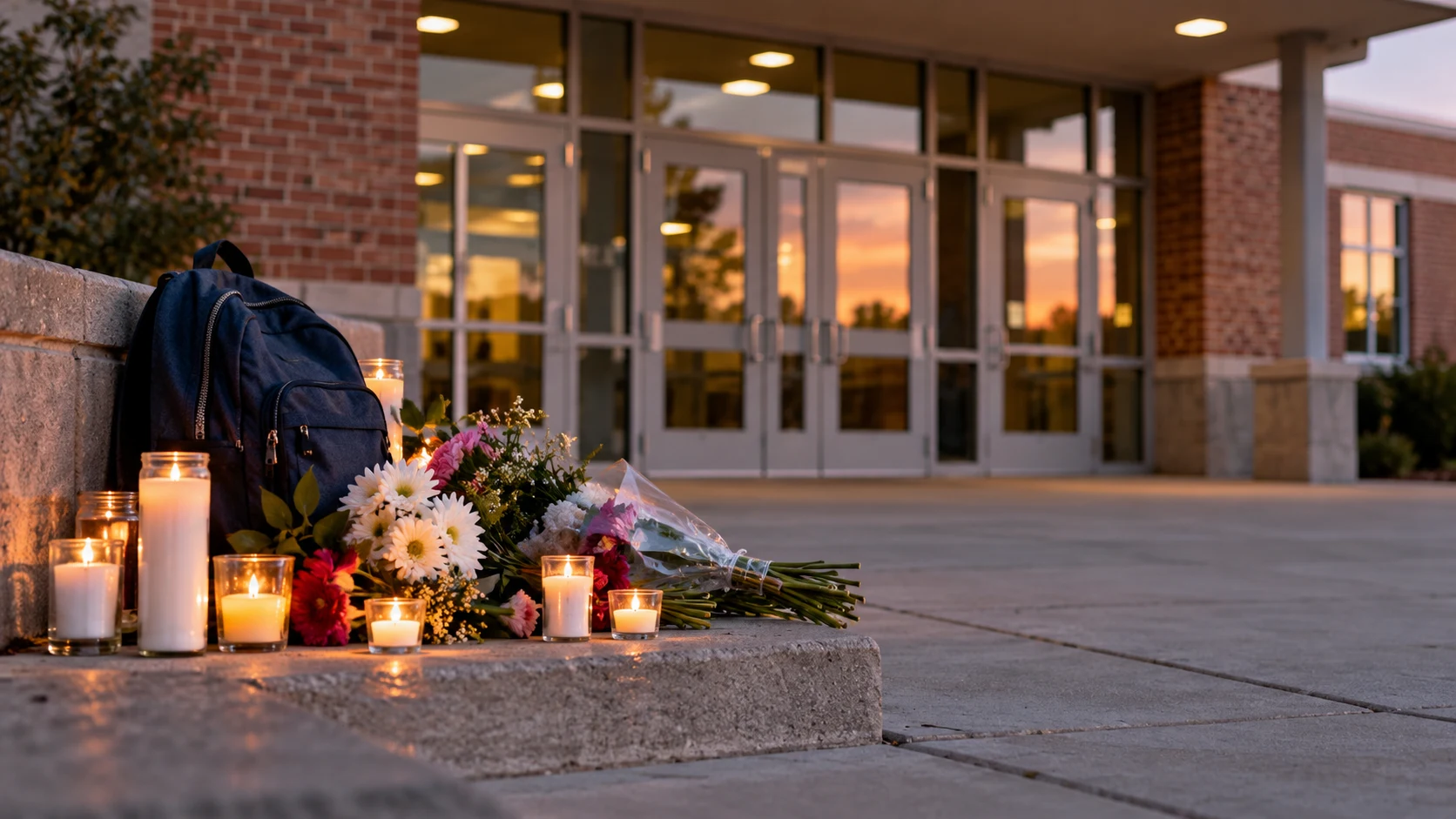 An illustrative school memorial with flowers and candles outside a school entrance
