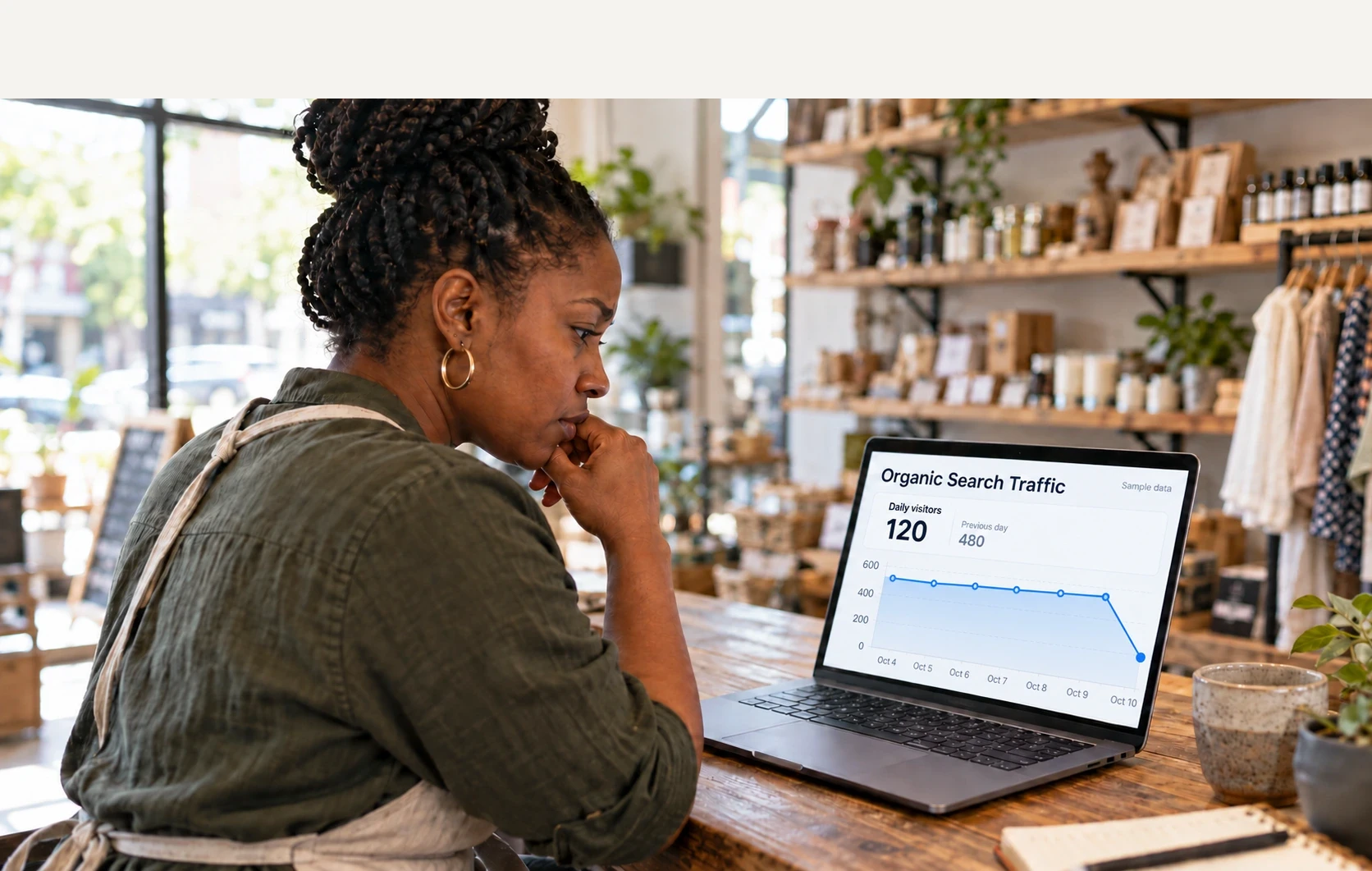 A business owner reviewing a labeled sample website traffic chart showing an overnight drop