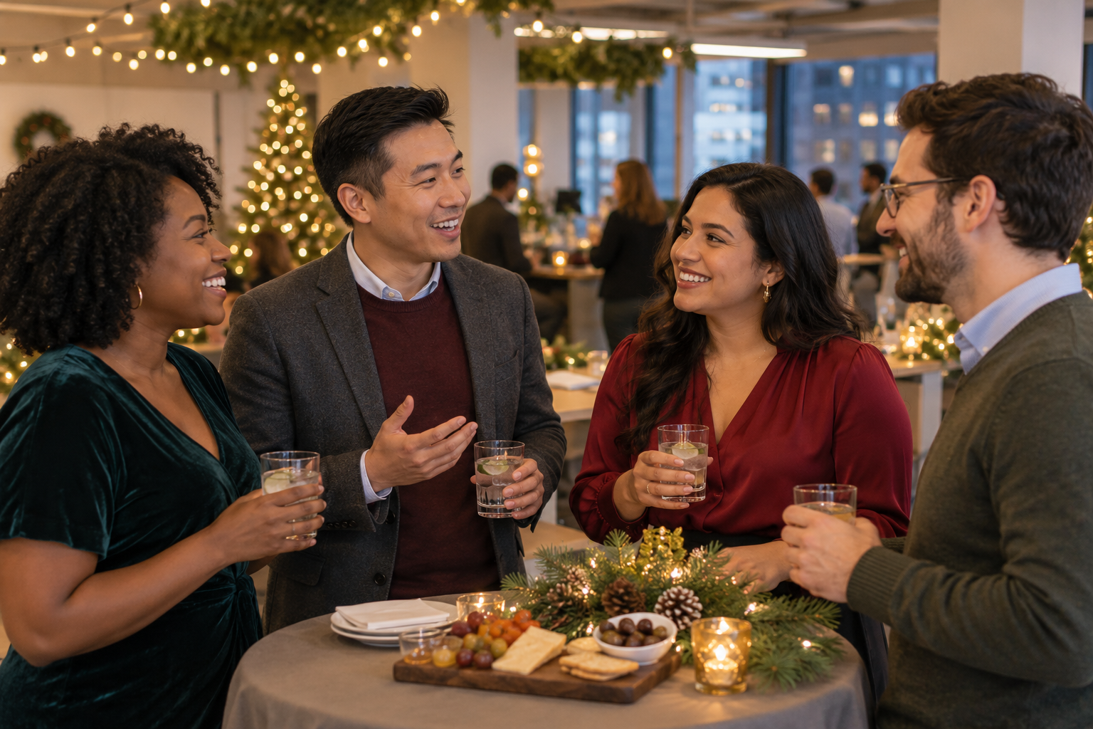 Diverse coworkers talking around an appetizer table at an office holiday party