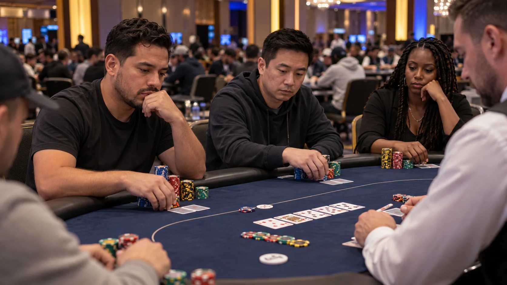 Illustrative poker tournament scene with players and stacks of chips
