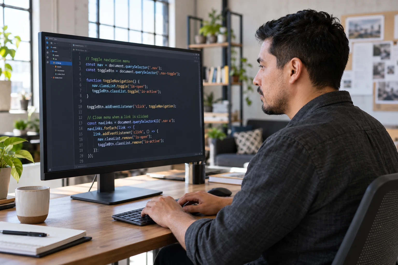 A person of color developing a website with programming code visible on a computer monitor
