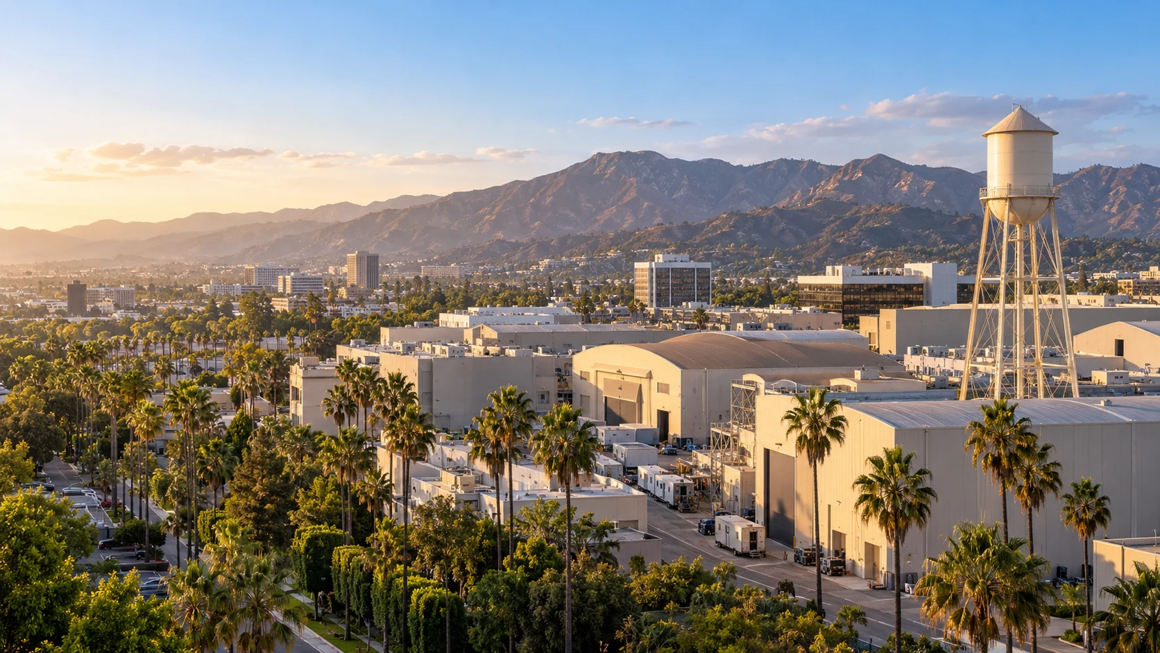 Generated city illustration of Burbank’s studio district and Verdugo Mountains