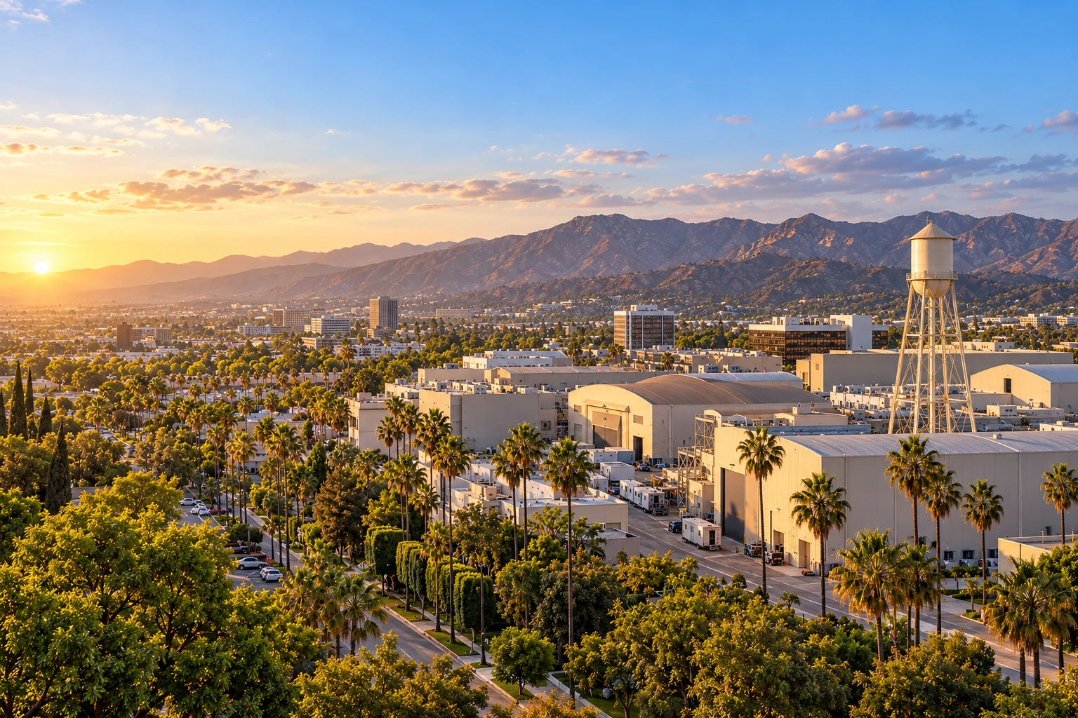 Generated city illustration of Burbank’s studio district and Verdugo Mountains