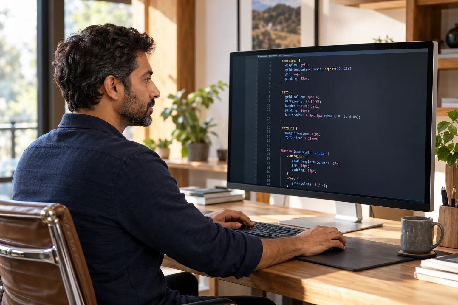 A person of color developing a website with programming code visible on a computer monitor
