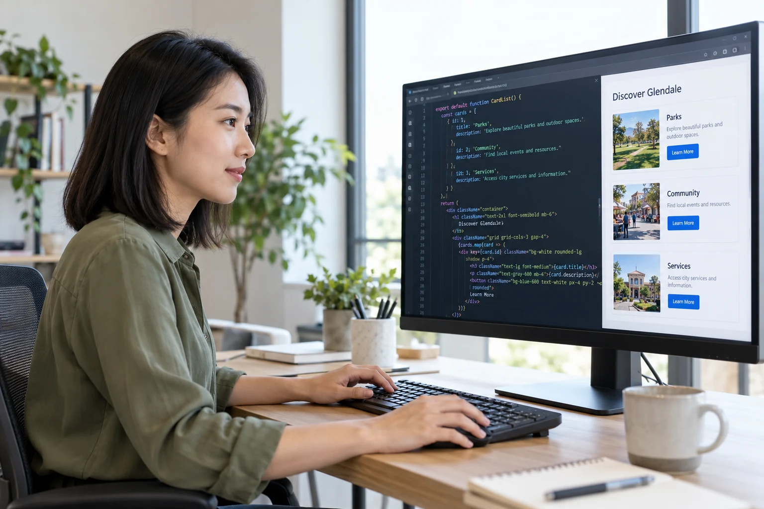 A person of color developing a website with programming code visible on a computer monitor