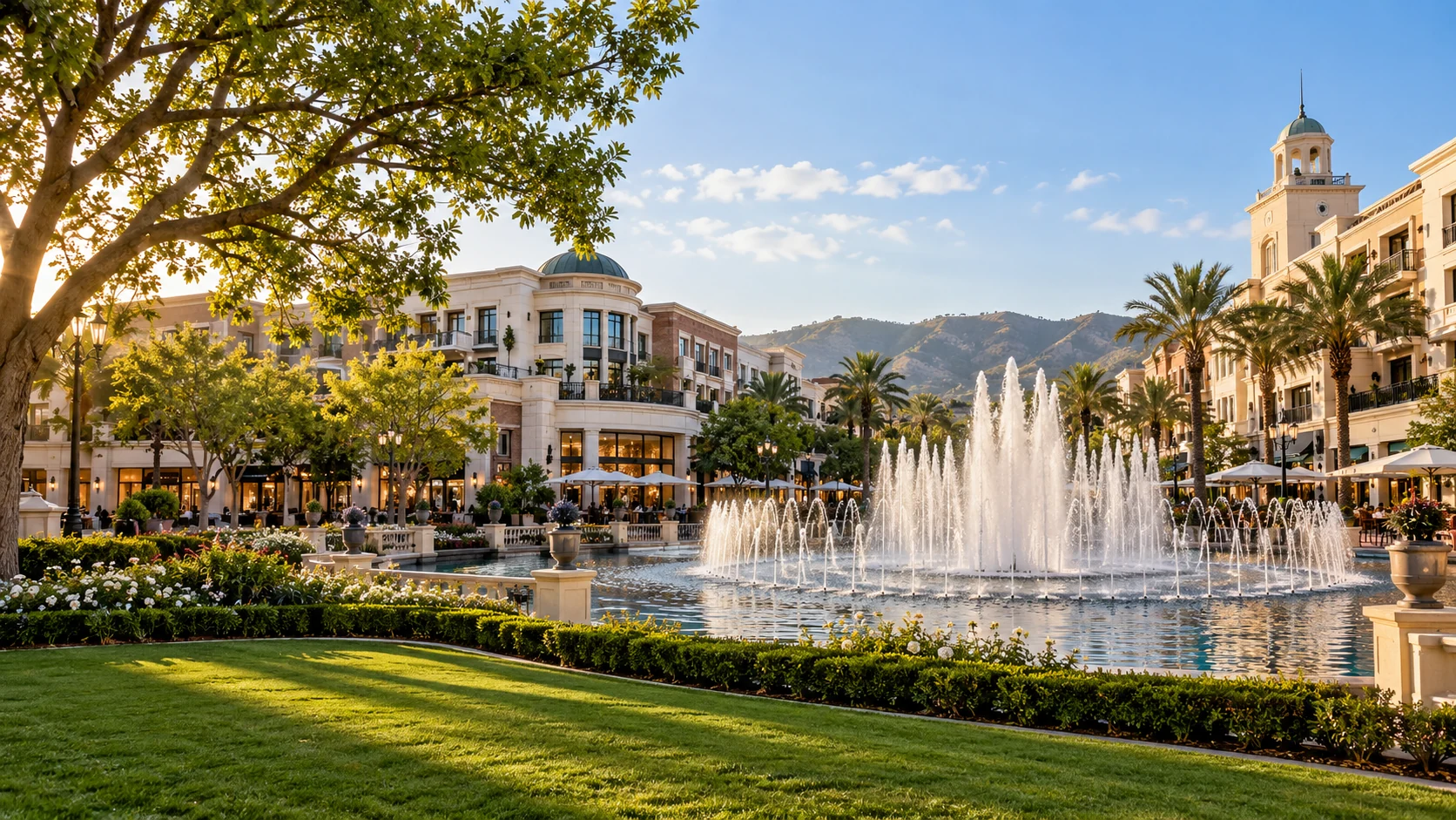 Generated city illustration of a fountain and promenade inspired by the Americana at Brand