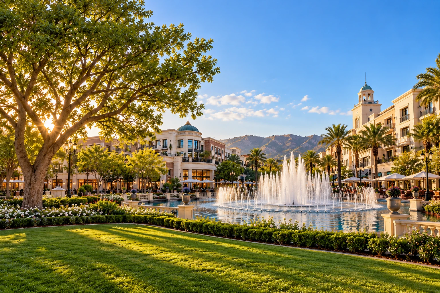 Generated city illustration of a fountain and promenade inspired by the Americana at Brand