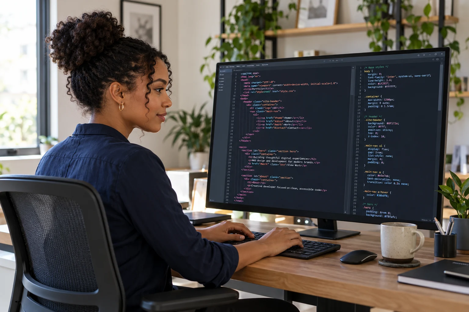 A person of color developing a website with programming code visible on a computer monitor
