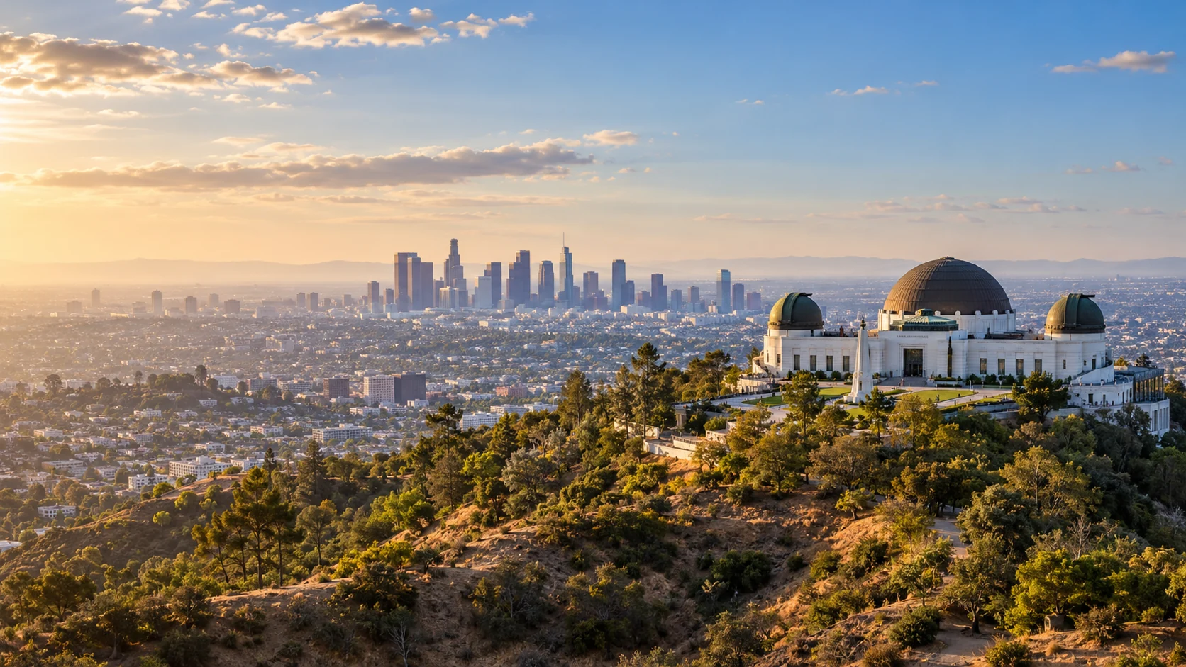 Generated city illustration of Griffith Observatory and the Los Angeles skyline
