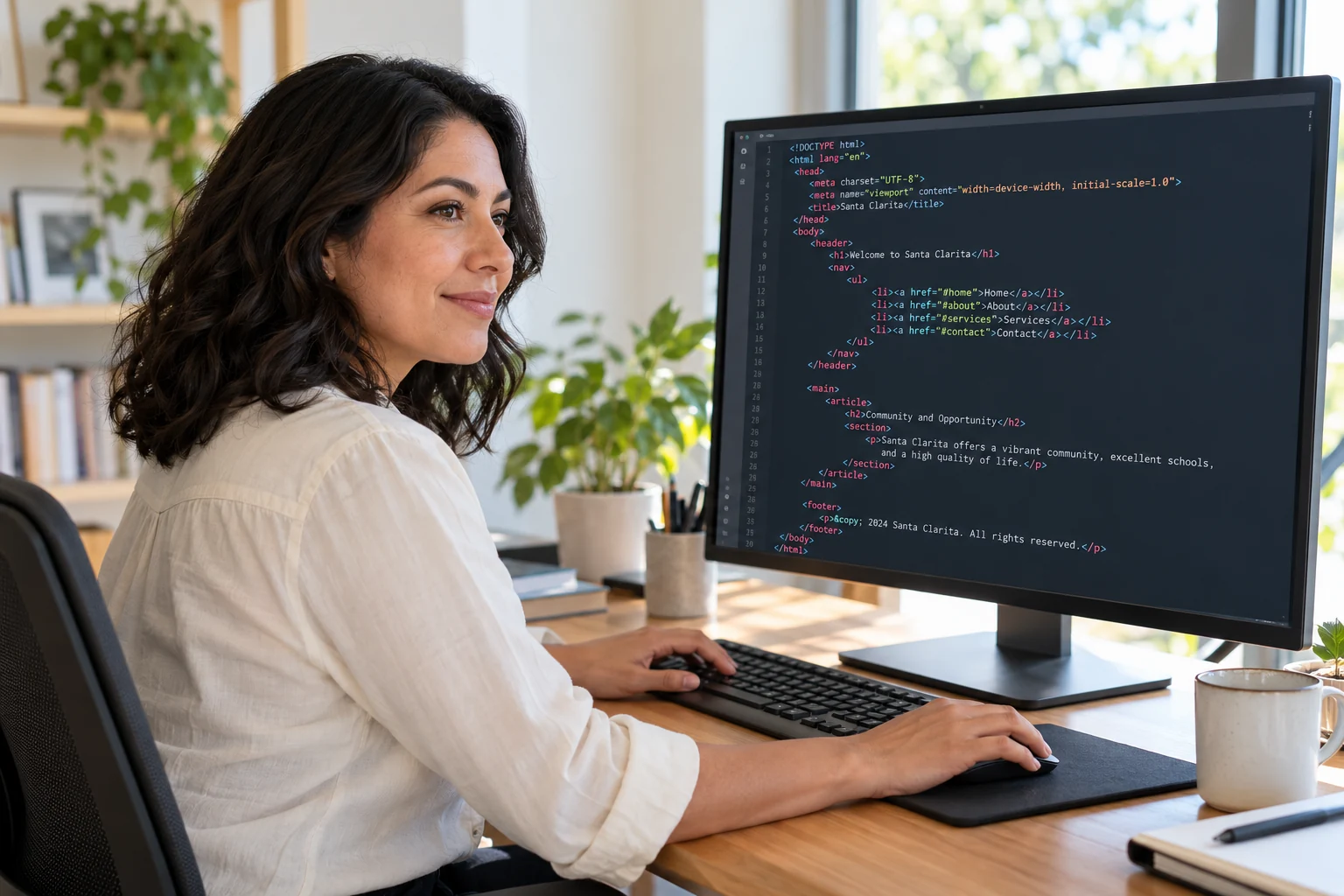 A person of color developing a website with programming code visible on a computer monitor