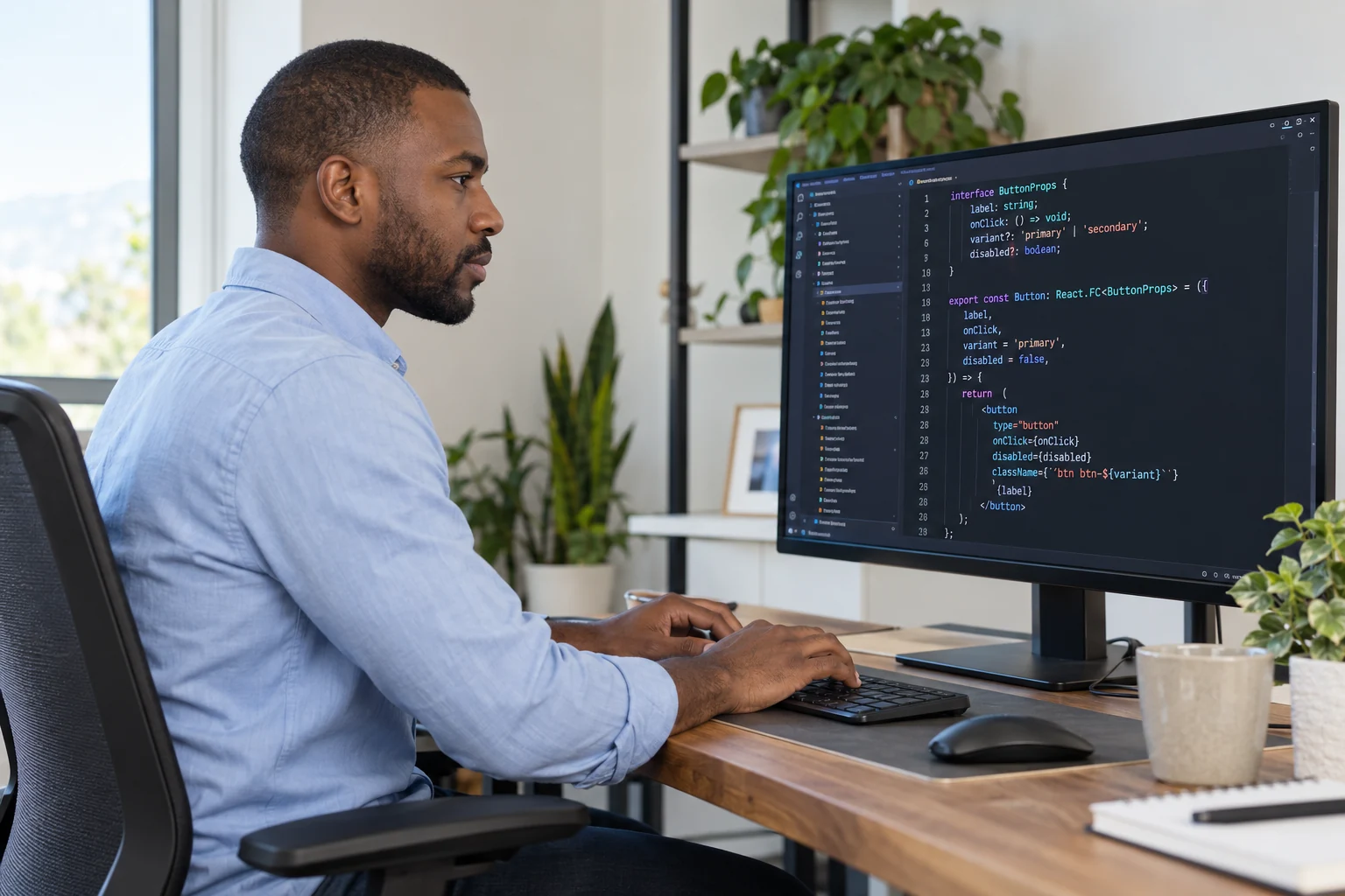 A person of color developing a website with programming code visible on a computer monitor
