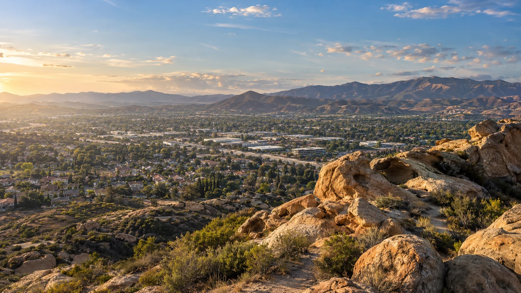 Generated city illustration of Simi Valley and the rocky Santa Susana Mountains