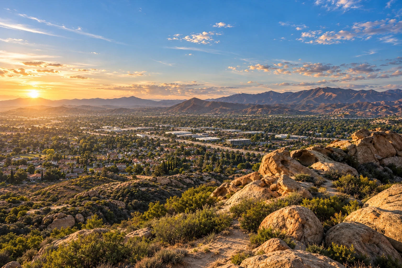Generated city illustration of Simi Valley and the rocky Santa Susana Mountains