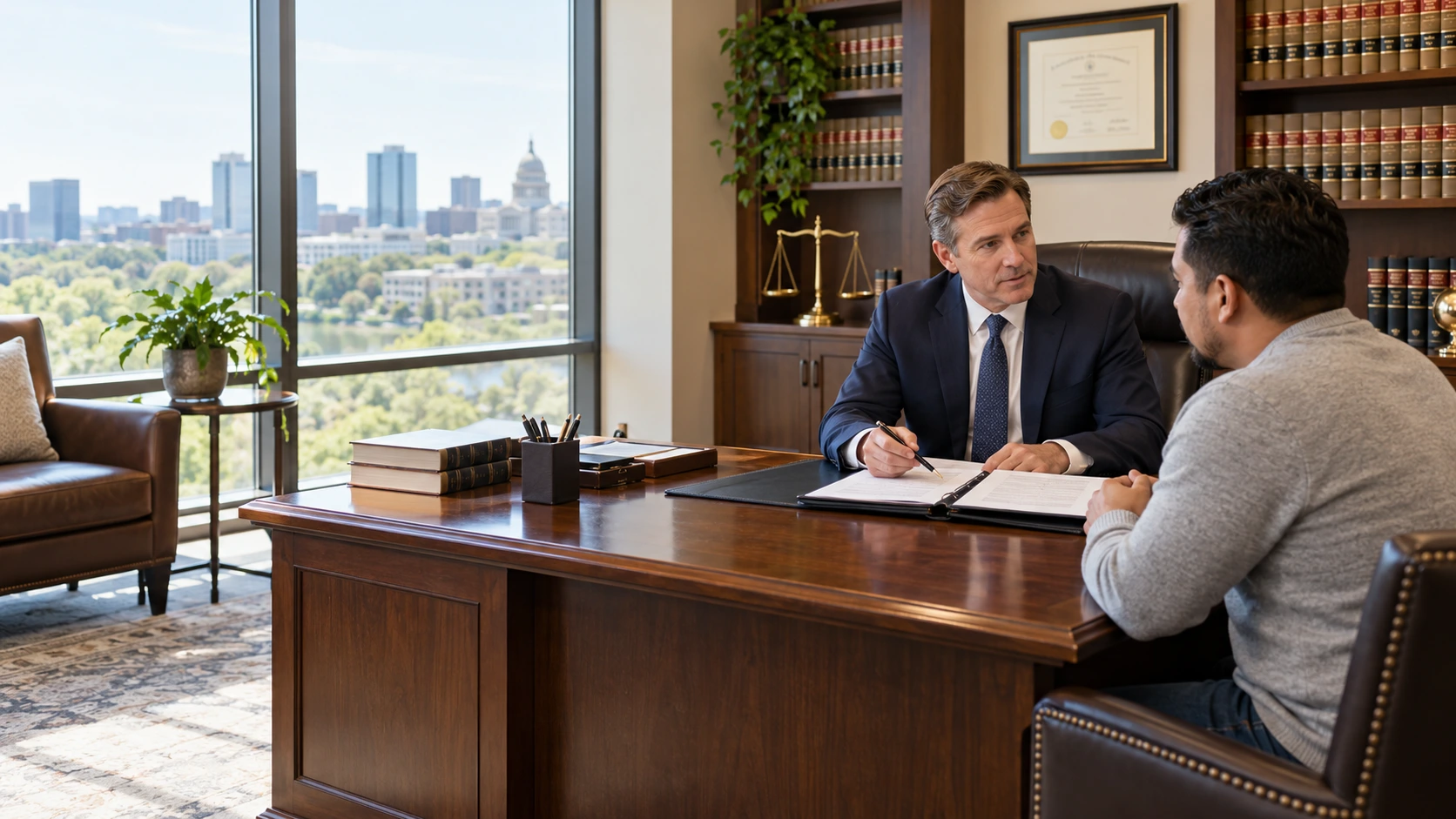 A white male attorney consulting with his client