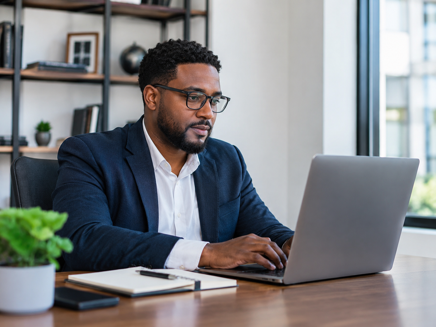 A business owner working at his computer in an office
