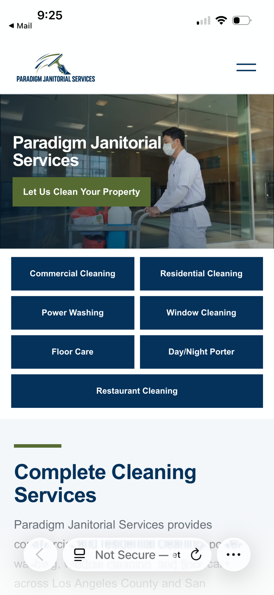 Paradigm Janitorial mobile website preview